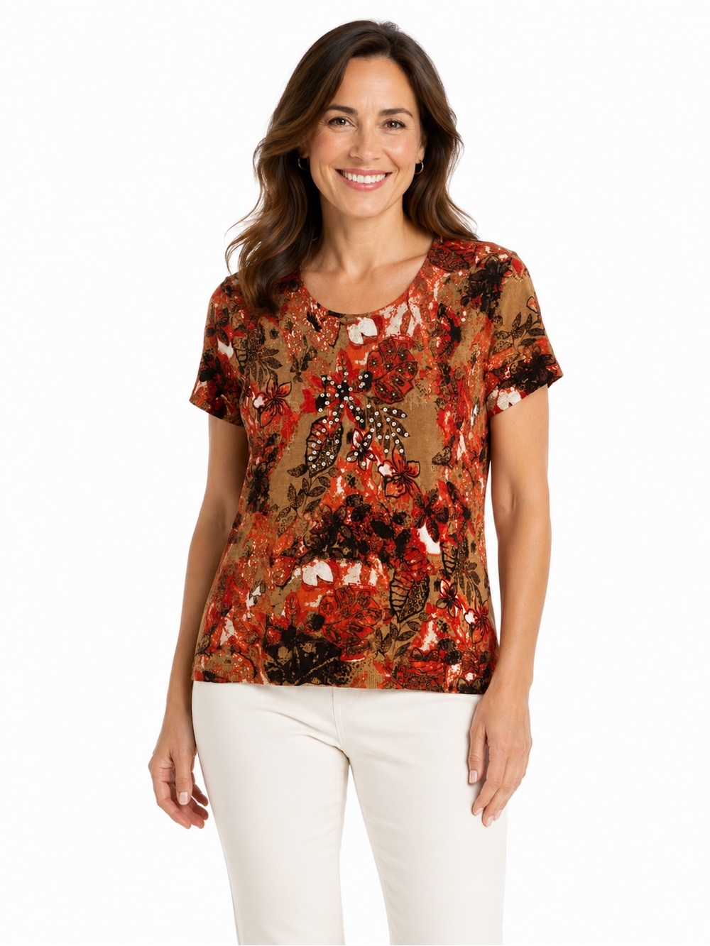Women's Floral Short-Sleeve Tee in Rust Multi - 0621